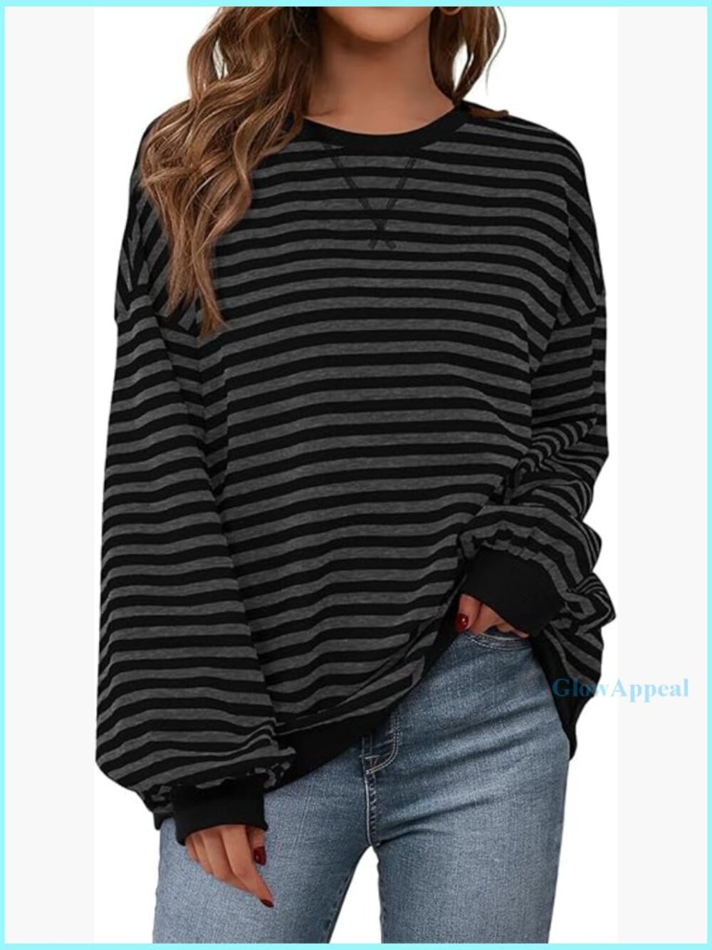 Oversized Striped Sweatshirt, Crew Neck, Long Sleeve, Cotton Blend, Loose Fit